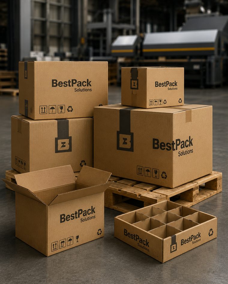 Cajas de cartón corrugado BestPack Solutions en almacén